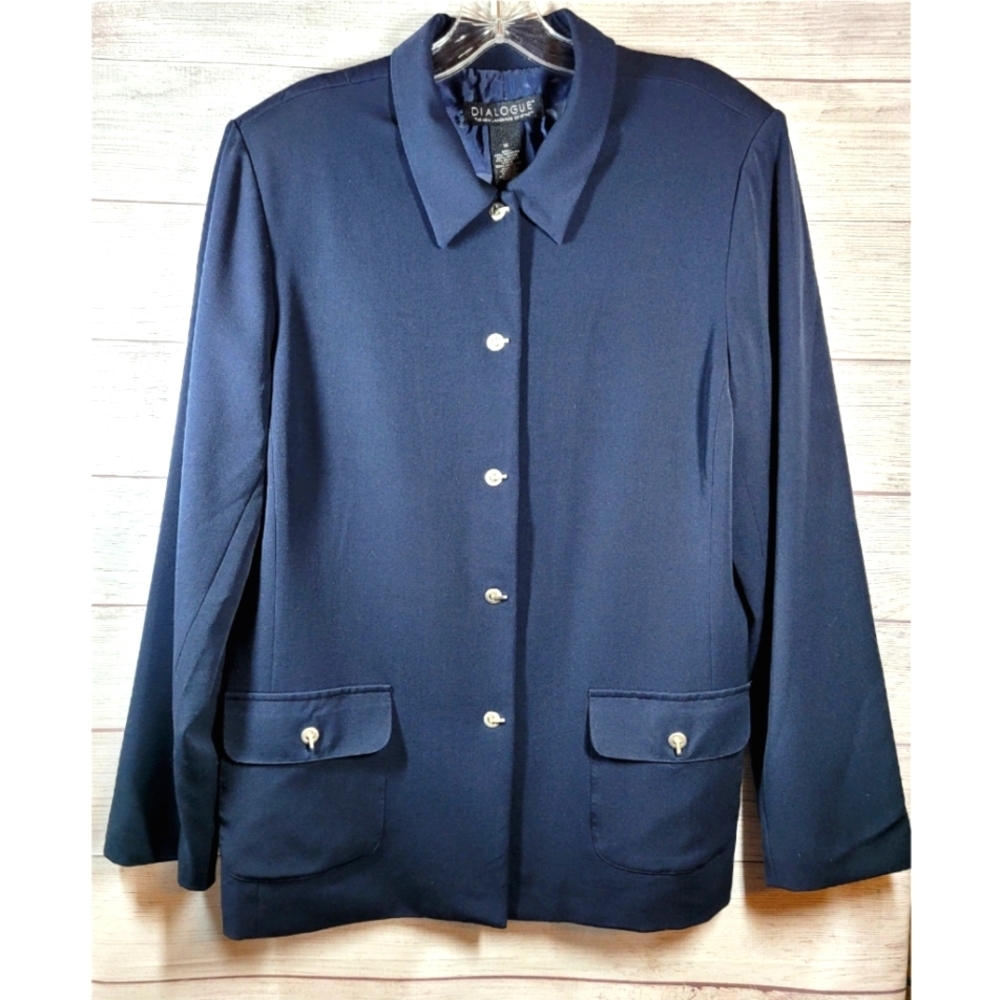 Dialogue Blazer Jacket Womens Size 14 Blue Clip Snap Button Pockets Careerwear